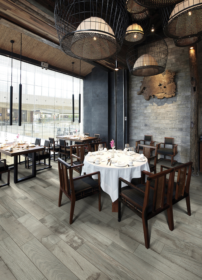 commercial wood look flooring in a stylish restaurant