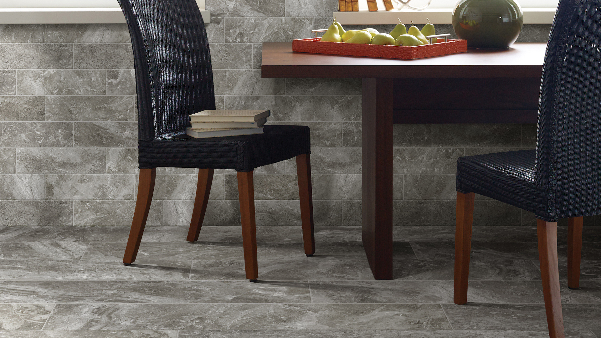 commercial tile flooring with table and chairs next to large window